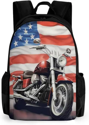 U.S. Flag Motorcycle Casual Backpack Lightweight Shoulders Bag Laptop Daypacks with Side Pocket for Workplace Travel