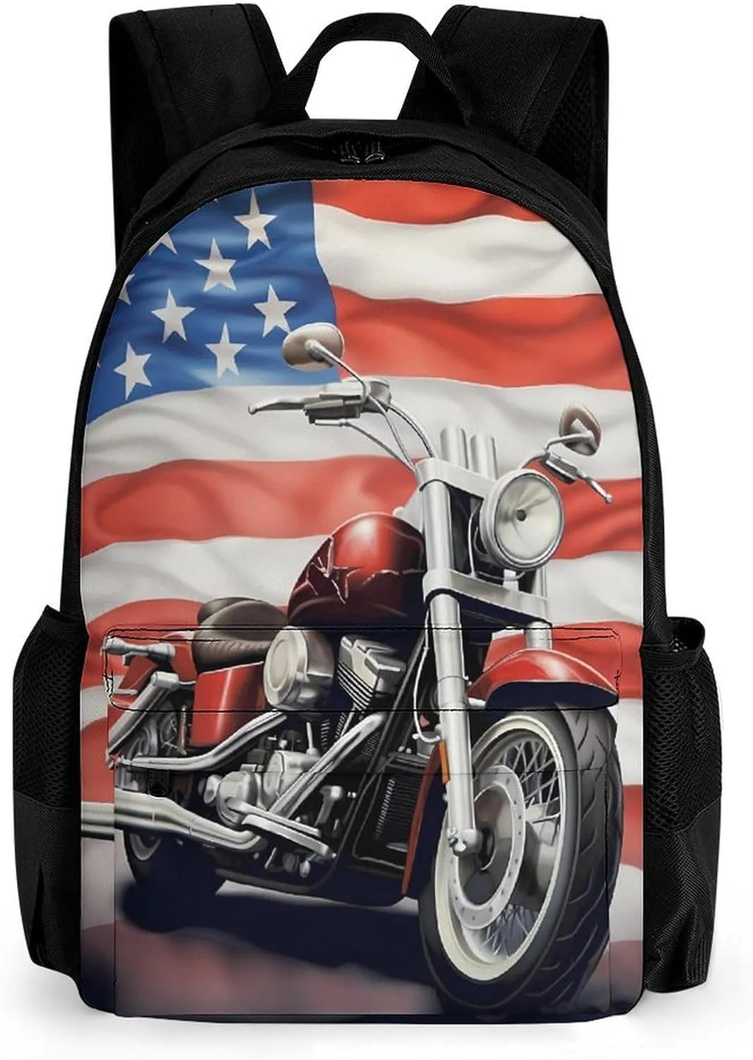 U.S. Flag Motorcycle Casual Backpack Lightweight Shoulders Bag Laptop Daypacks with Side Pocket for Workplace Travel