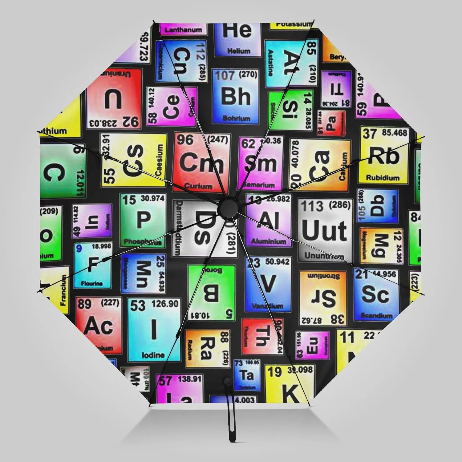 UV Blocking Automatic Open Umbrella Colored-periodic-table-elements-repeating Portable Travel Folding Umbrellas with Cover Bag