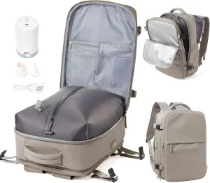 Vacuum Travel Backpack with Electric Pump for Women Men, Vacpack Seal Compression Bags Waterproof Travel Backpack Carry on Flight Approved, Airback Personal Item Carry on Backpacks（grey brown）