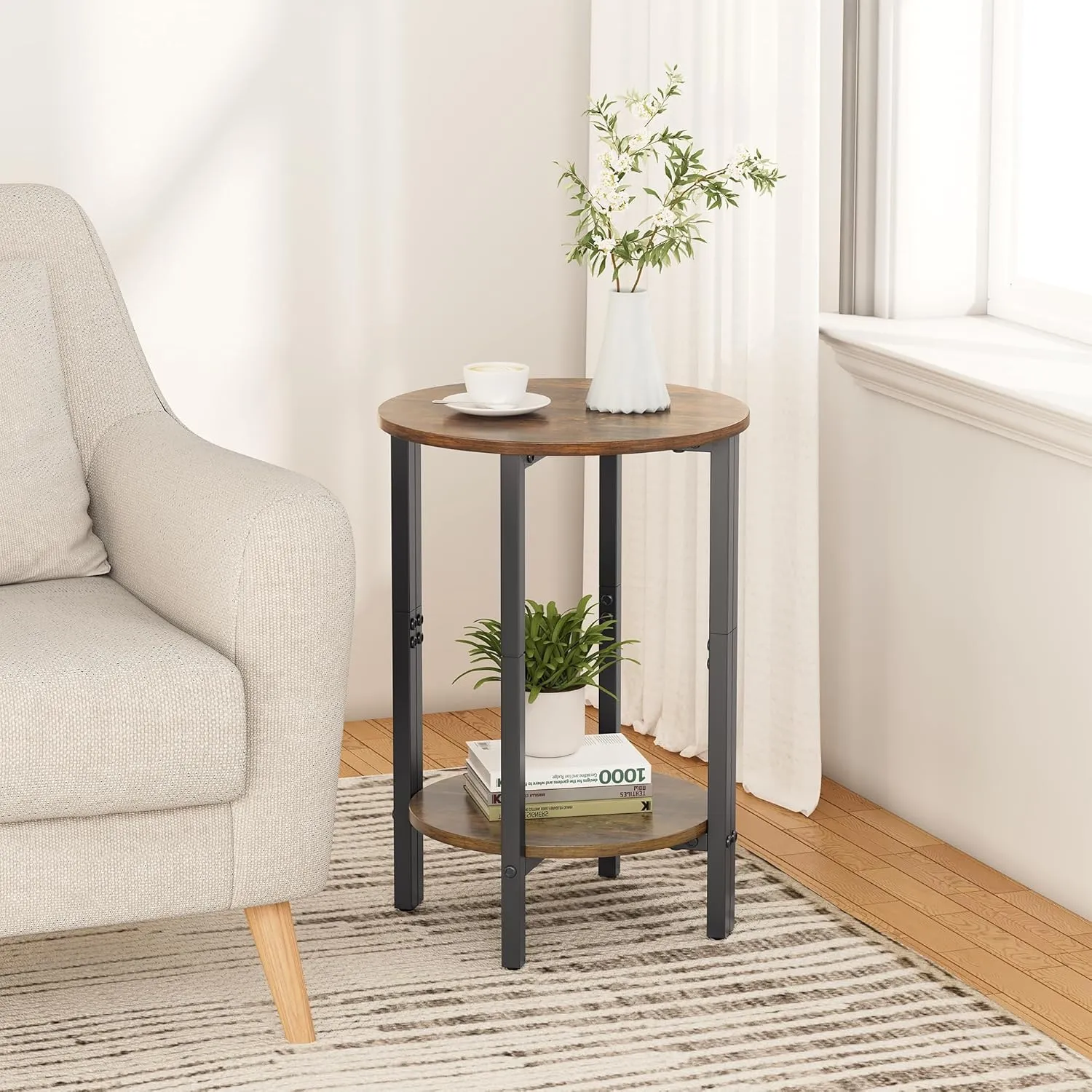 Vagusicc Side Tables Small End Tables, Set of 2 Half Round Side Table for Living Room, 2 Tier Small Couch Side Table, Round Coffee Table Accent Table, Thin Sofa Table Narrow Entryway Table, Brown