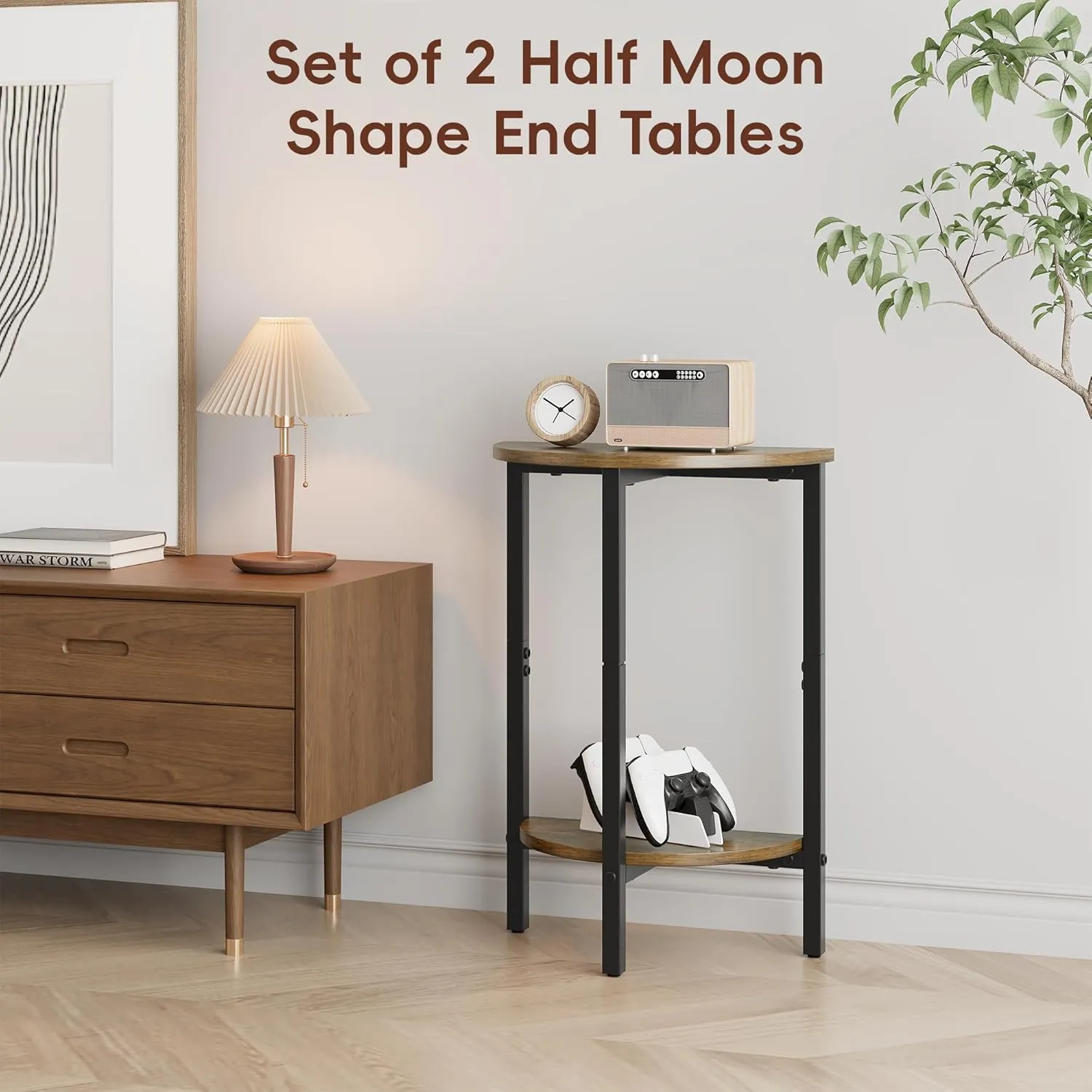Vagusicc Side Tables Small End Tables, Set of 2 Half Round Side Table for Living Room, 2 Tier Small Couch Side Table, Round Coffee Table Accent Table, Thin Sofa Table Narrow Entryway Table, Brown