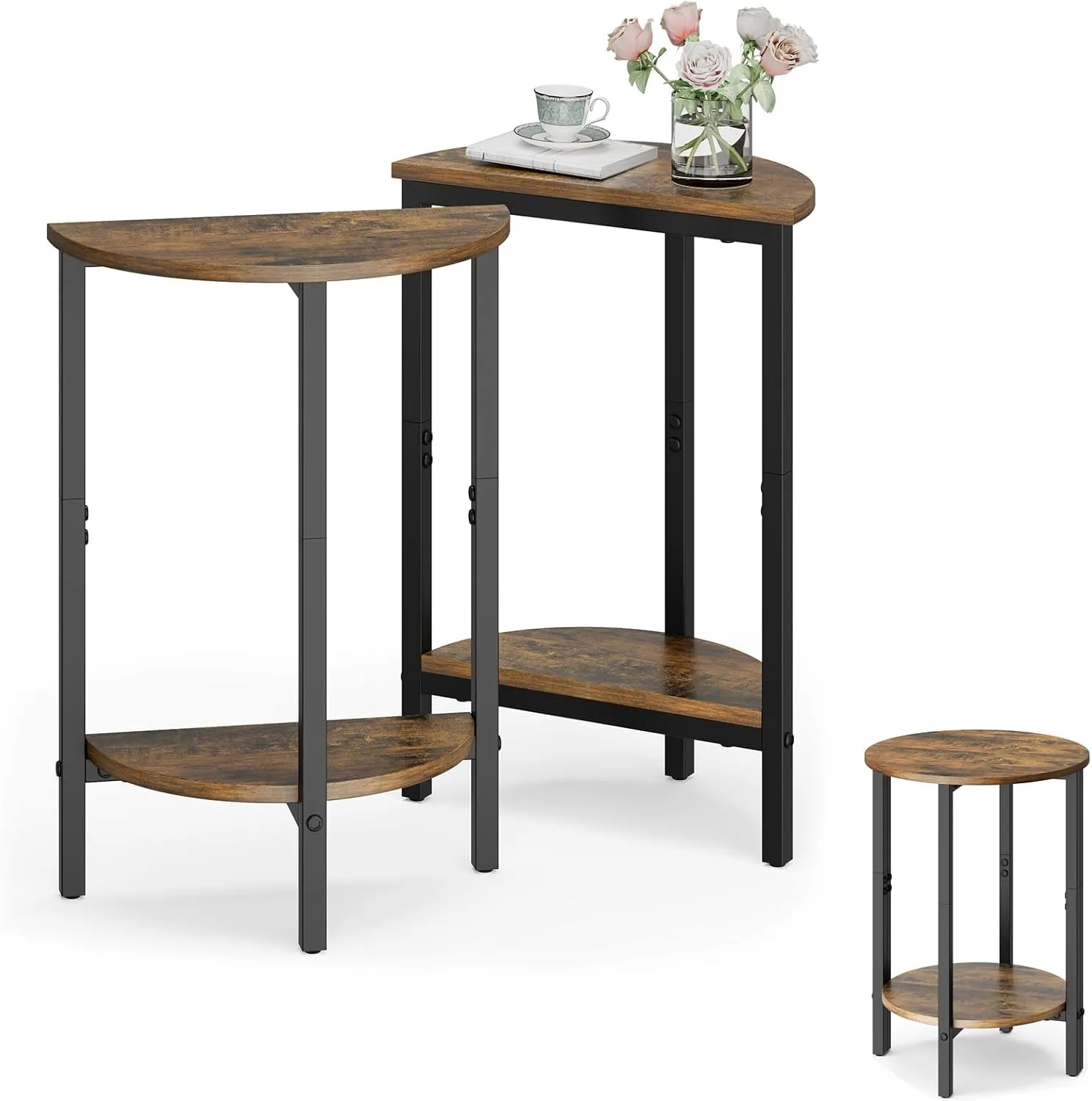 Vagusicc Side Tables Small End Tables, Set of 2 Half Round Side Table for Living Room, 2 Tier Small Couch Side Table, Round Coffee Table Accent Table, Thin Sofa Table Narrow Entryway Table, Brown