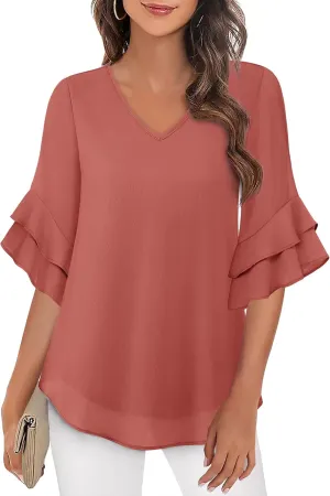 VALOLIA Womens Blouses 3/4 Sleeve Dressy Tops Business Casual Double Layers Shirts