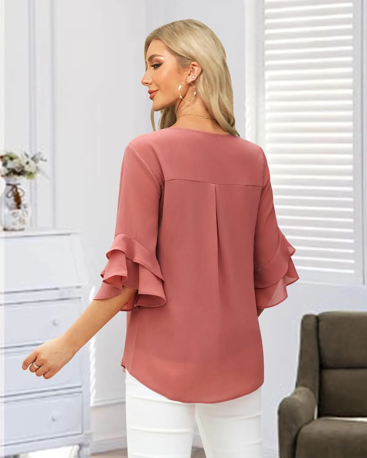 VALOLIA Womens Blouses 3/4 Sleeve Dressy Tops Business Casual Double Layers Shirts