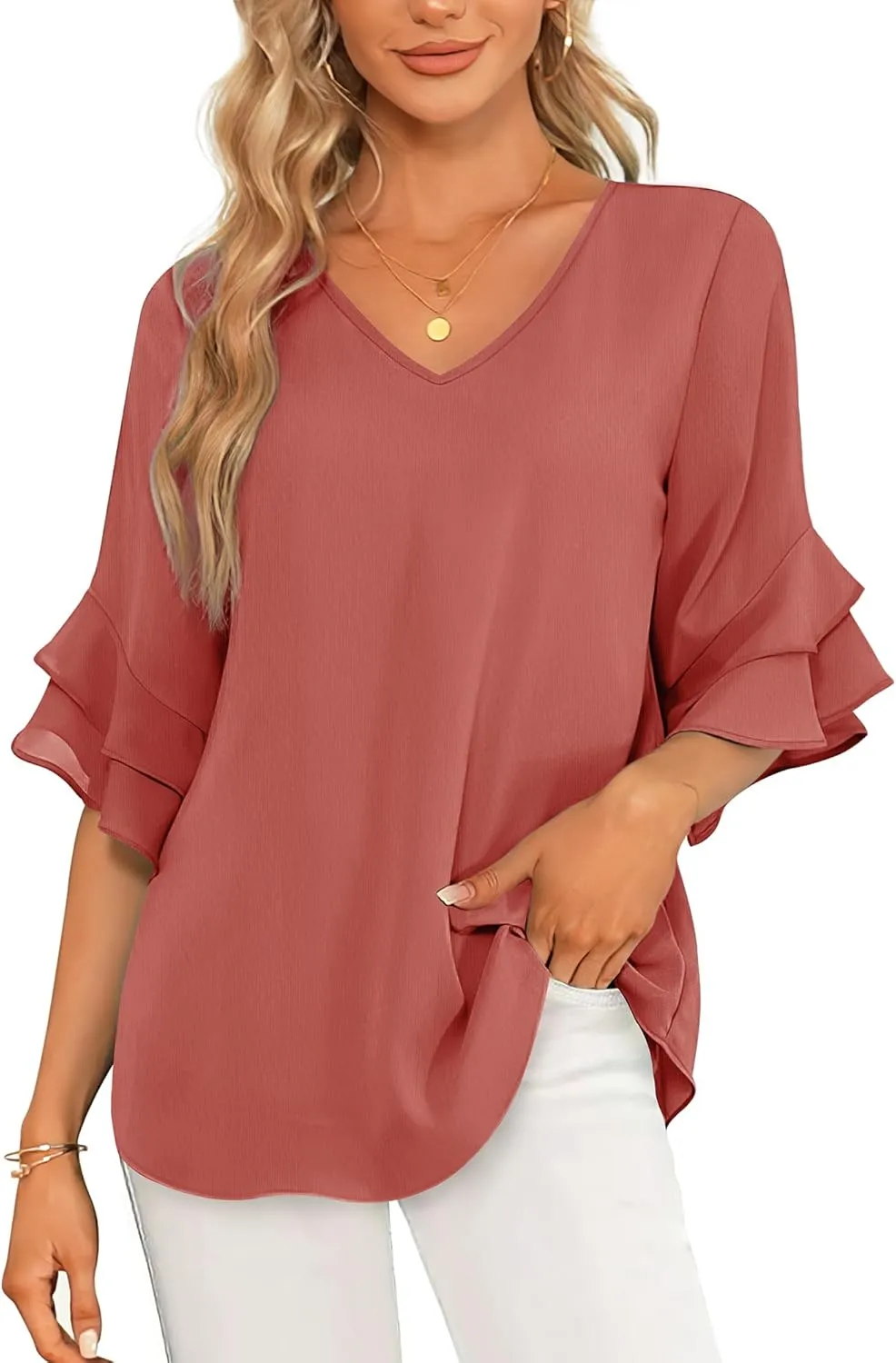 VALOLIA Womens Blouses 3/4 Sleeve Dressy Tops Business Casual Double Layers Shirts
