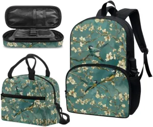 Van Gogh Almond Blossom Bird 3Pcs Backpack with Retro Sparrow Floral Lunch Box Water Resistant Pencil Case Lightweight Teen Bookbags Fit for Kids Boys Girl Gifts, Turquoise