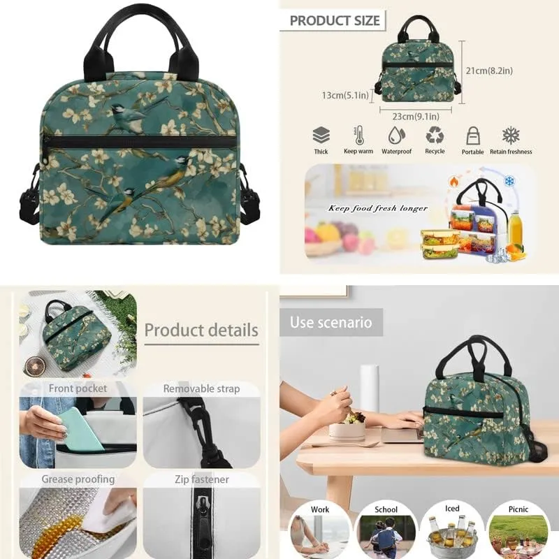 Van Gogh Almond Blossom Bird 3Pcs Backpack with Retro Sparrow Floral Lunch Box Water Resistant Pencil Case Lightweight Teen Bookbags Fit for Kids Boys Girl Gifts, Turquoise