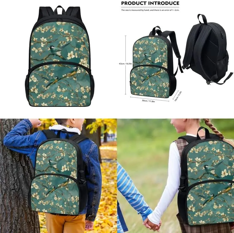 Van Gogh Almond Blossom Bird 3Pcs Backpack with Retro Sparrow Floral Lunch Box Water Resistant Pencil Case Lightweight Teen Bookbags Fit for Kids Boys Girl Gifts, Turquoise
