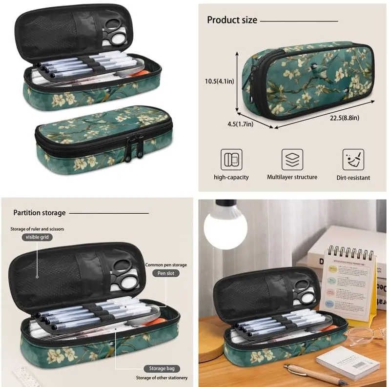 Van Gogh Almond Blossom Bird 3Pcs Backpack with Retro Sparrow Floral Lunch Box Water Resistant Pencil Case Lightweight Teen Bookbags Fit for Kids Boys Girl Gifts, Turquoise