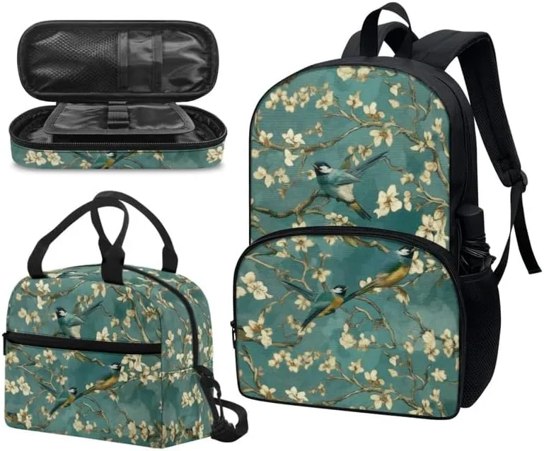 Van Gogh Almond Blossom Bird 3Pcs Backpack with Retro Sparrow Floral Lunch Box Water Resistant Pencil Case Lightweight Teen Bookbags Fit for Kids Boys Girl Gifts, Turquoise