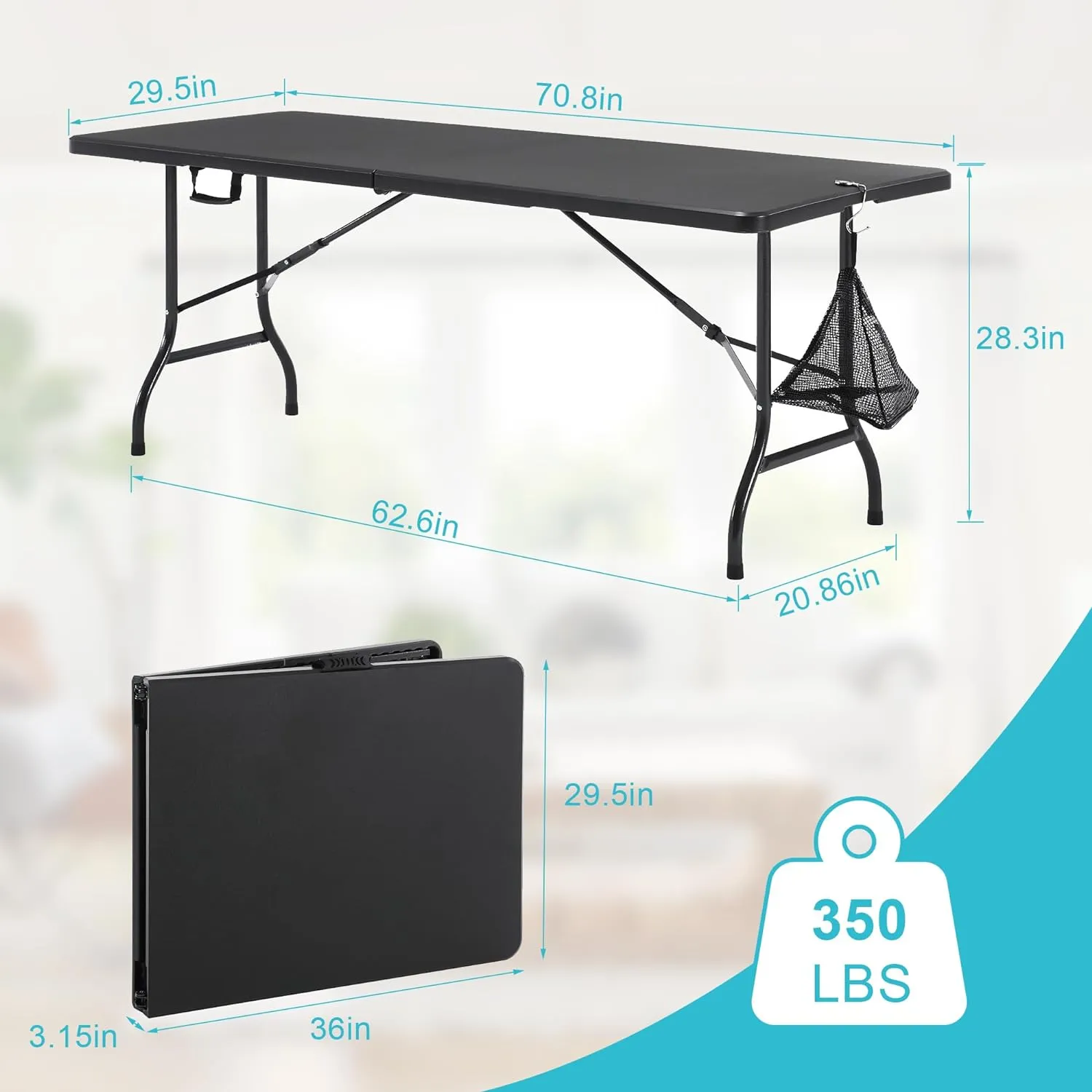 VECELO 6Ft Plastic Folding Table Heavy Duty Indoor Outdoor Portable Picnic Foldable Desk with Handle Mesh Trash Bag&Lock Legs