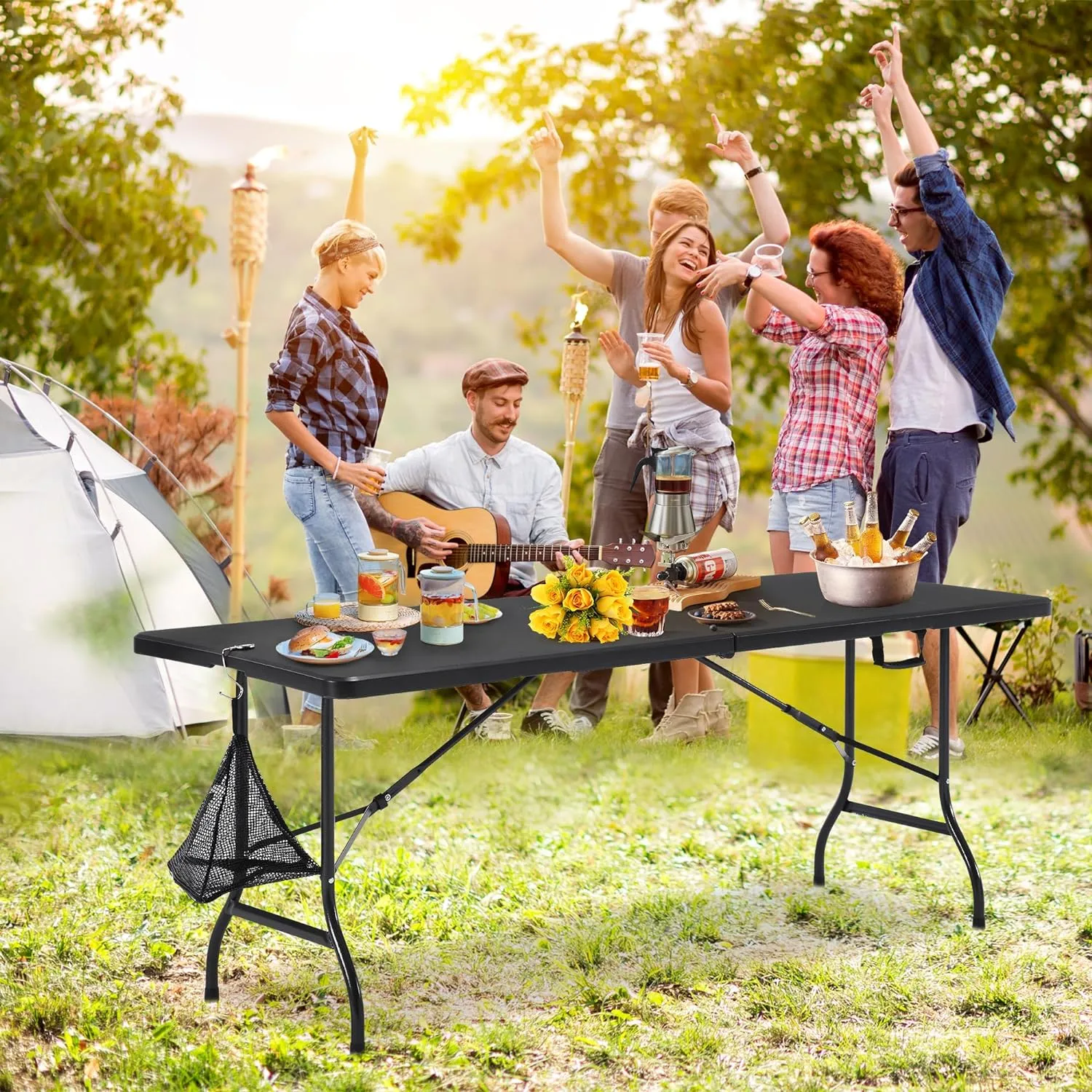 VECELO 6Ft Plastic Folding Table Heavy Duty Indoor Outdoor Portable Picnic Foldable Desk with Handle Mesh Trash Bag&Lock Legs