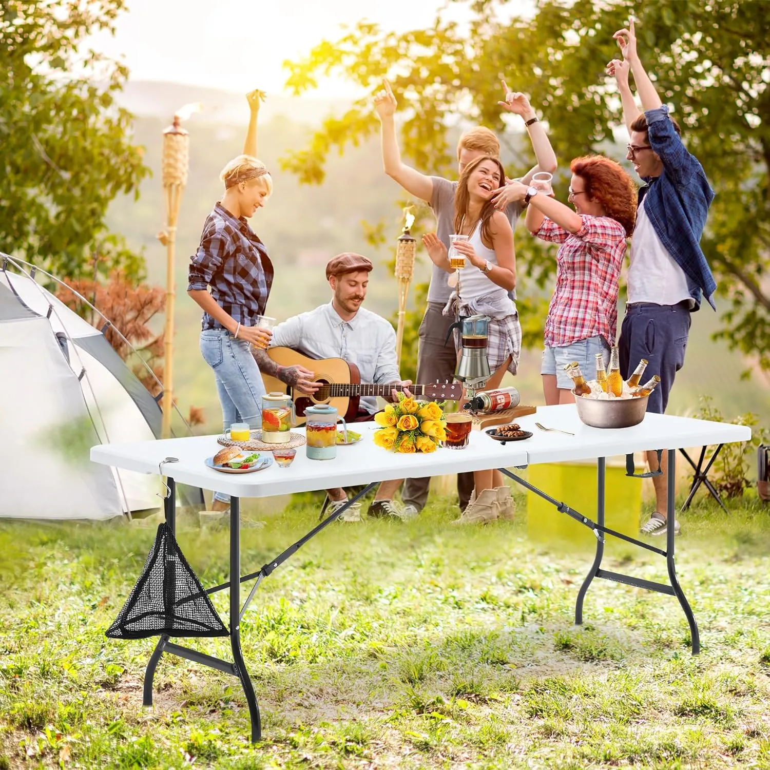 VECELO 6Ft Plastic Folding Table Heavy Duty Indoor Outdoor Portable Picnic Foldable Desk with Handle Mesh Trash Bag&Lock Legs