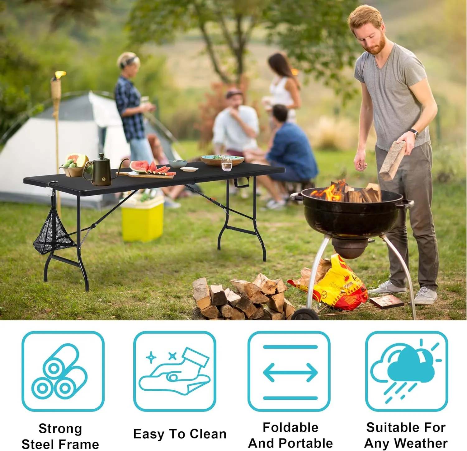 VECELO 6Ft Plastic Folding Table Heavy Duty Indoor Outdoor Portable Picnic Foldable Desk with Handle Mesh Trash Bag&Lock Legs