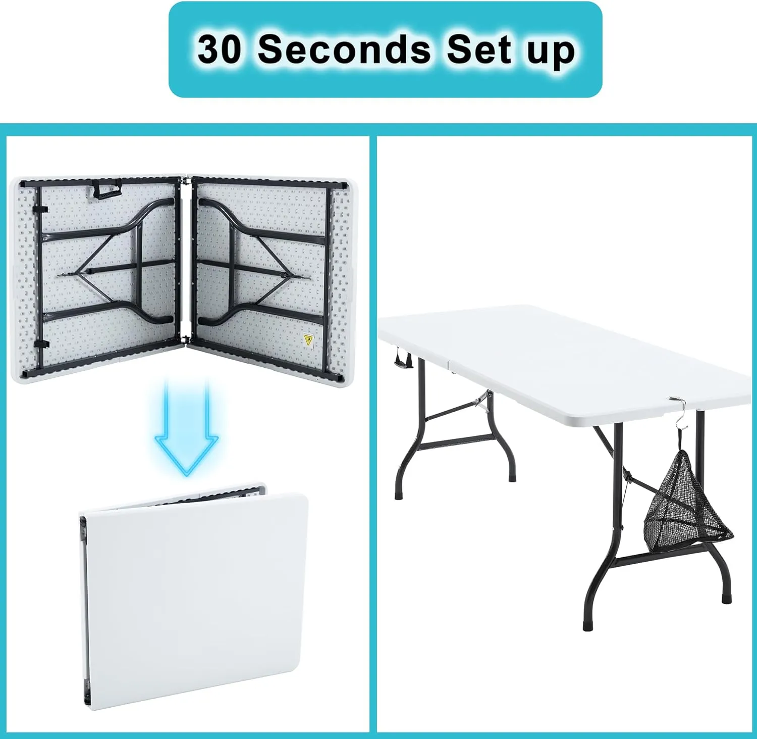 VECELO 6Ft Plastic Folding Table Heavy Duty Indoor Outdoor Portable Picnic Foldable Desk with Handle Mesh Trash Bag&Lock Legs
