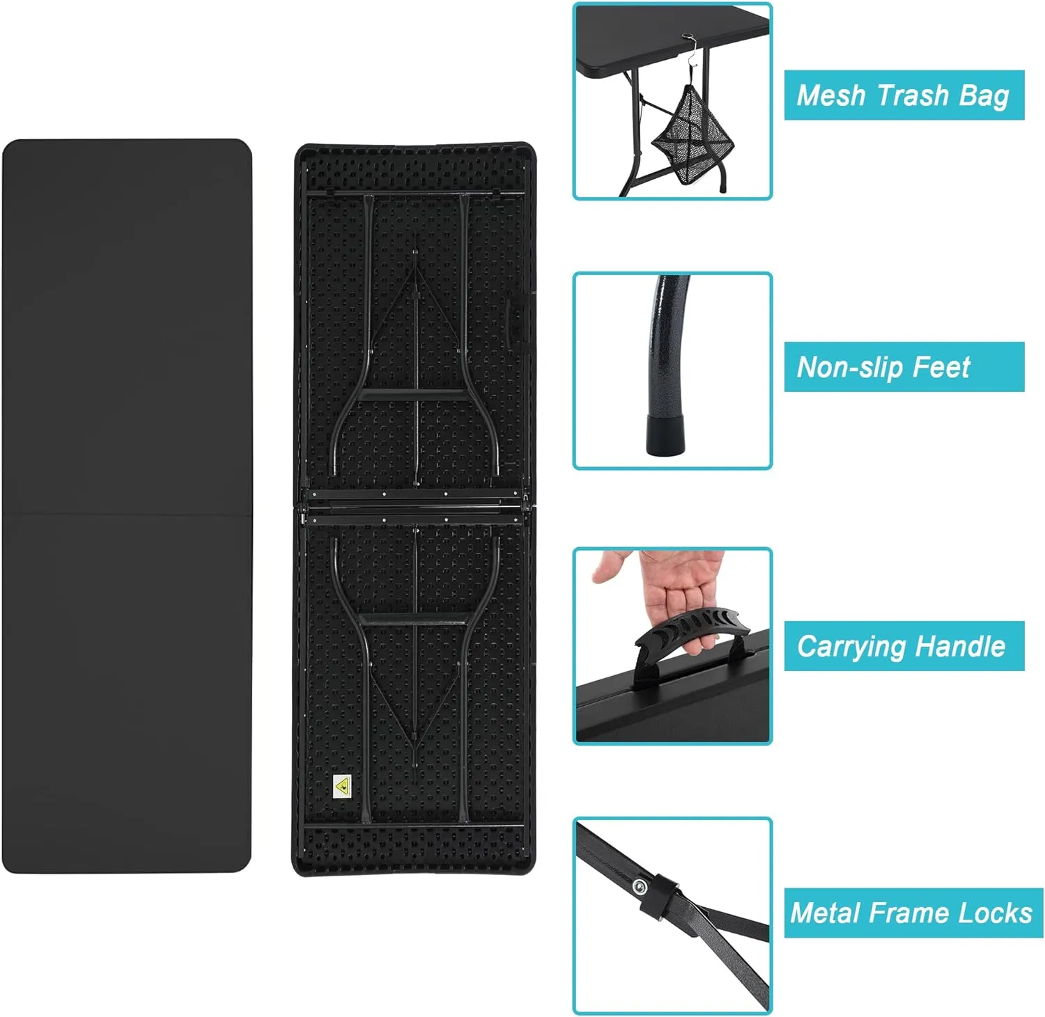 VECELO 6Ft Plastic Folding Table Heavy Duty Indoor Outdoor Portable Picnic Foldable Desk with Handle Mesh Trash Bag&Lock Legs