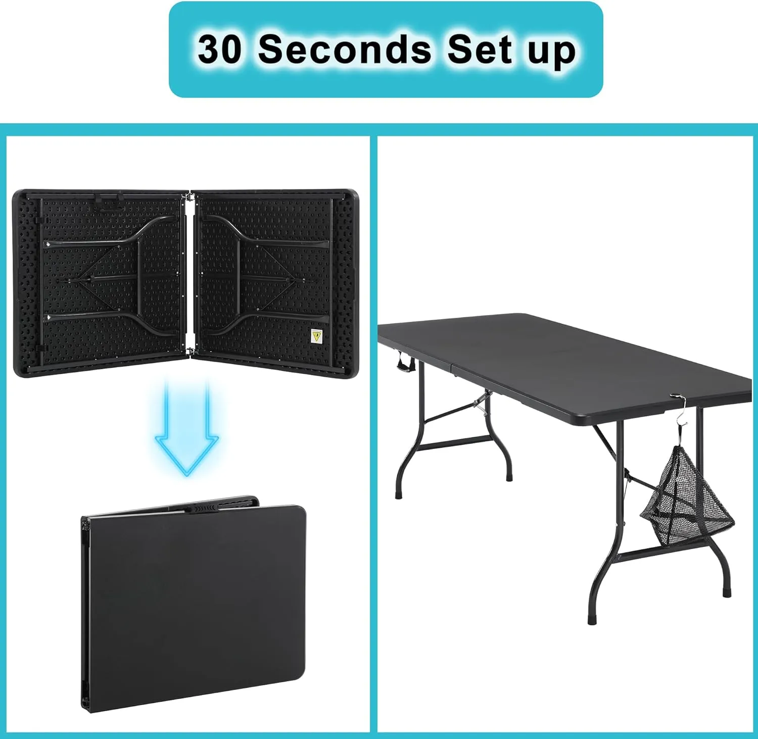 VECELO 6Ft Plastic Folding Table Heavy Duty Indoor Outdoor Portable Picnic Foldable Desk with Handle Mesh Trash Bag&Lock Legs
