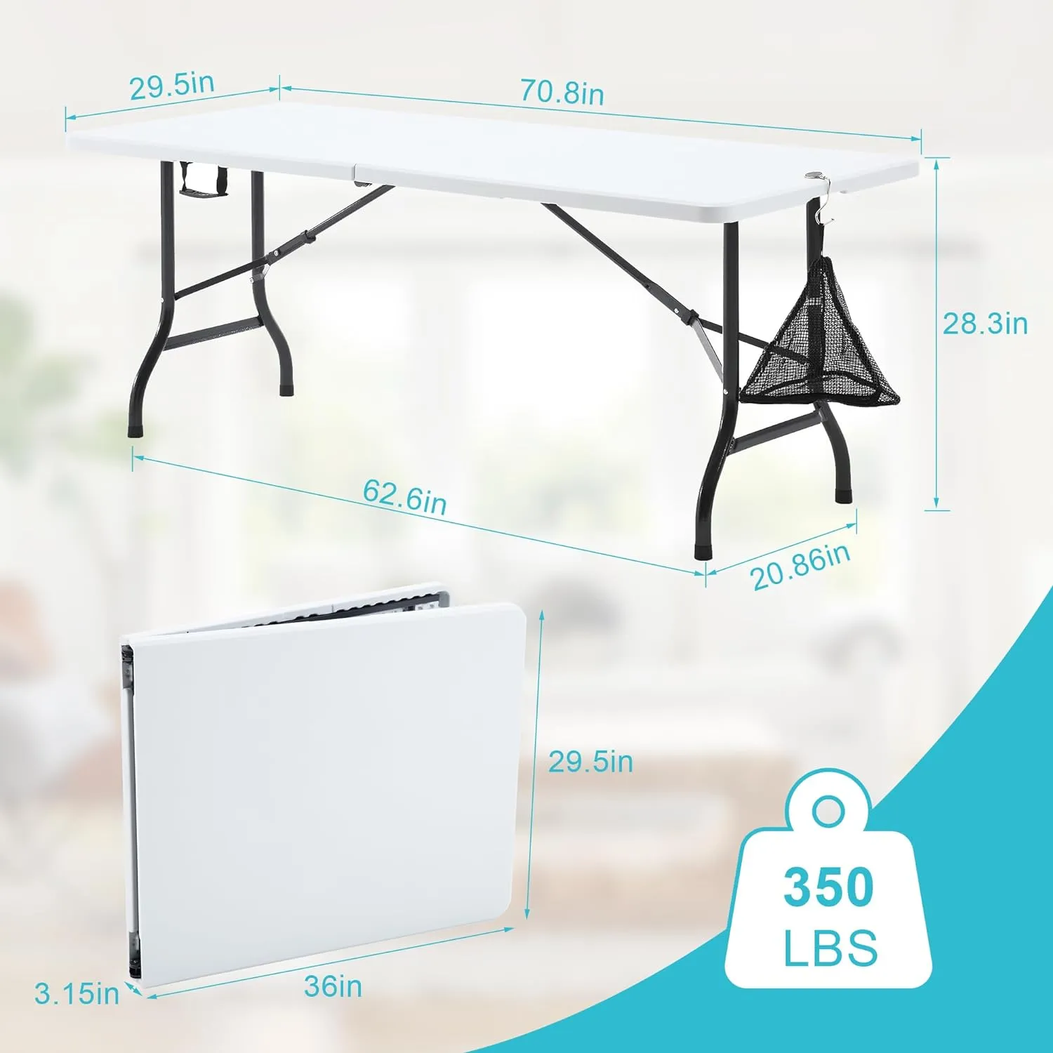 VECELO 6Ft Plastic Folding Table Heavy Duty Indoor Outdoor Portable Picnic Foldable Desk with Handle Mesh Trash Bag&Lock Legs
