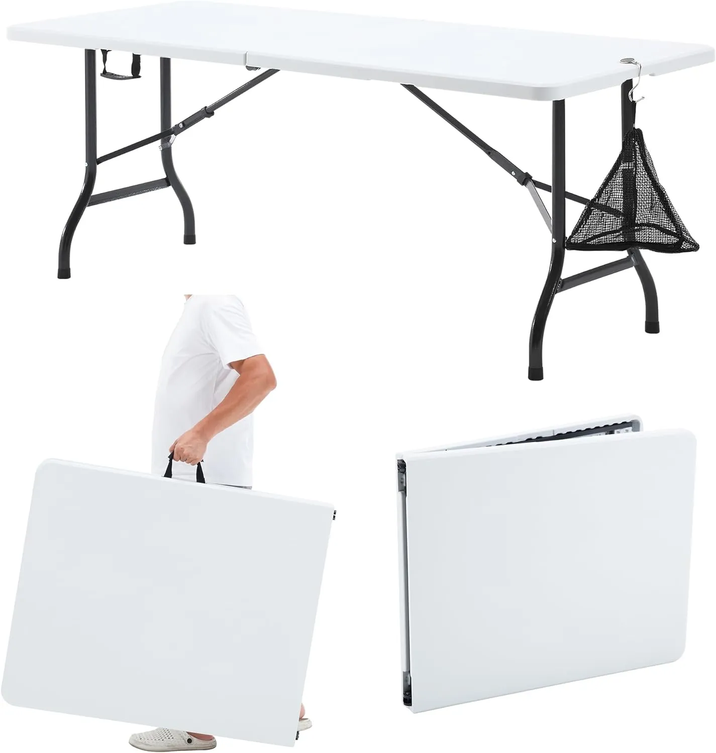 VECELO 6Ft Plastic Folding Table Heavy Duty Indoor Outdoor Portable Picnic Foldable Desk with Handle Mesh Trash Bag&Lock Legs