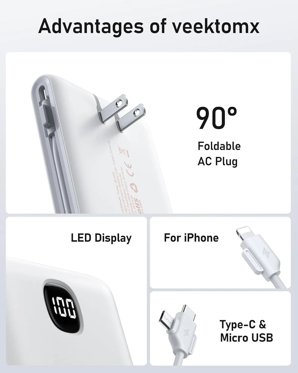 VEEKTOMX Portable Charger with Built in Cables 10000mAh, Power Bank for iPhone with Wall Plug, Travel Essential Fast Charging USB C Slim External Battery Pack for iPhone16/15/14, Samsung, iPad, etc