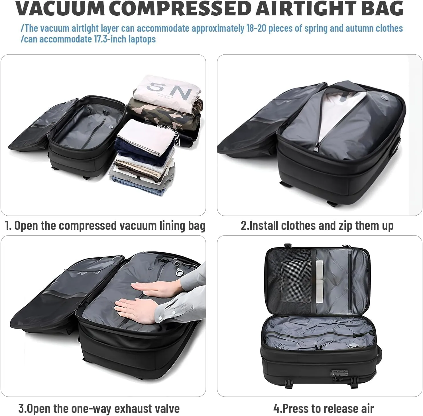 Venator Vacuum Travel Bag (60 L), Equipped with 1200 Mah Electric Air Pump, Large Capacity Travel Backpack, Anti-Theft (Black)