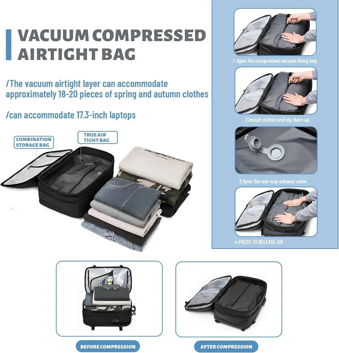 Venator Vacuum Travel Bag (60 L), Equipped with 1200 Mah Electric Air Pump, Large Capacity Travel Backpack, Anti-Theft (Blue)