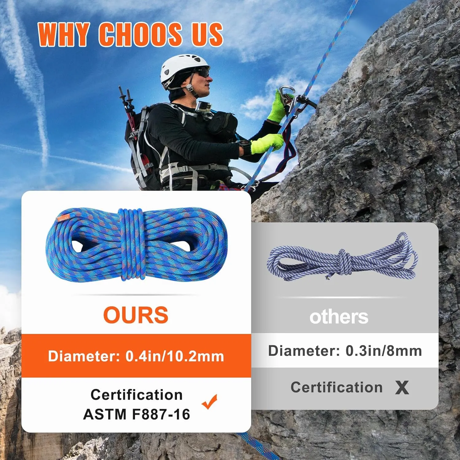 VEVOR 10.2mm Dynamic Climbing Rope, Outdoor Rock Climbing Rope 25KN Breaking Tension, Stretchable Fiber Rope with Steel Snap Hooks for Escape, Rappelling, Fire Rescue, Blue