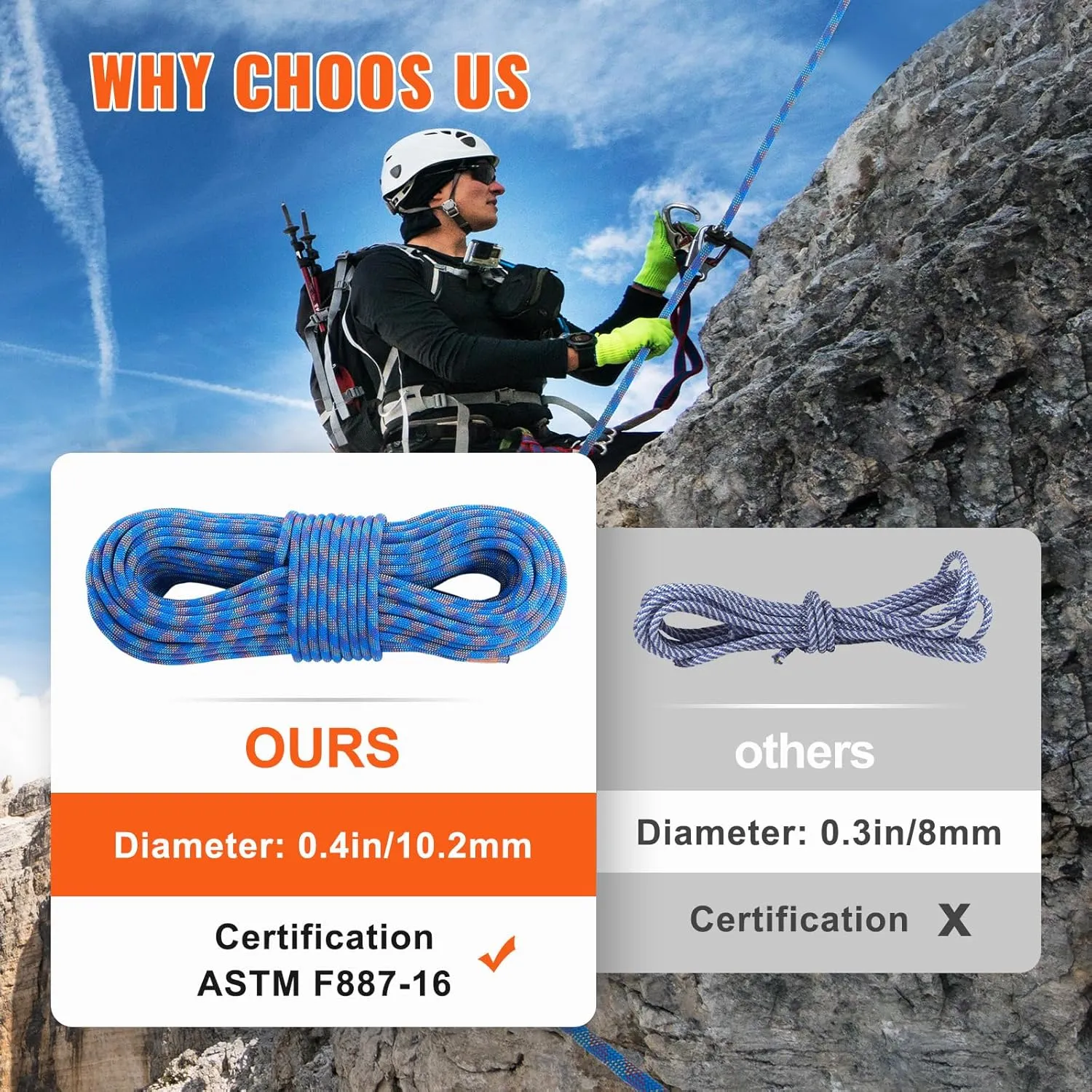 VEVOR 10.2mm Dynamic Climbing Rope, Outdoor Rock Climbing Rope 25KN Breaking Tension, Stretchable Fiber Rope with Steel Snap Hooks for Escape, Rappelling, Fire Rescue, Blue