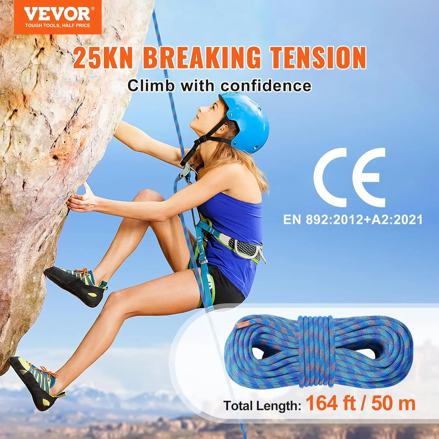 VEVOR 10.2mm Dynamic Climbing Rope, Outdoor Rock Climbing Rope 25KN Breaking Tension, Stretchable Fiber Rope with Steel Snap Hooks for Escape, Rappelling, Fire Rescue, Blue