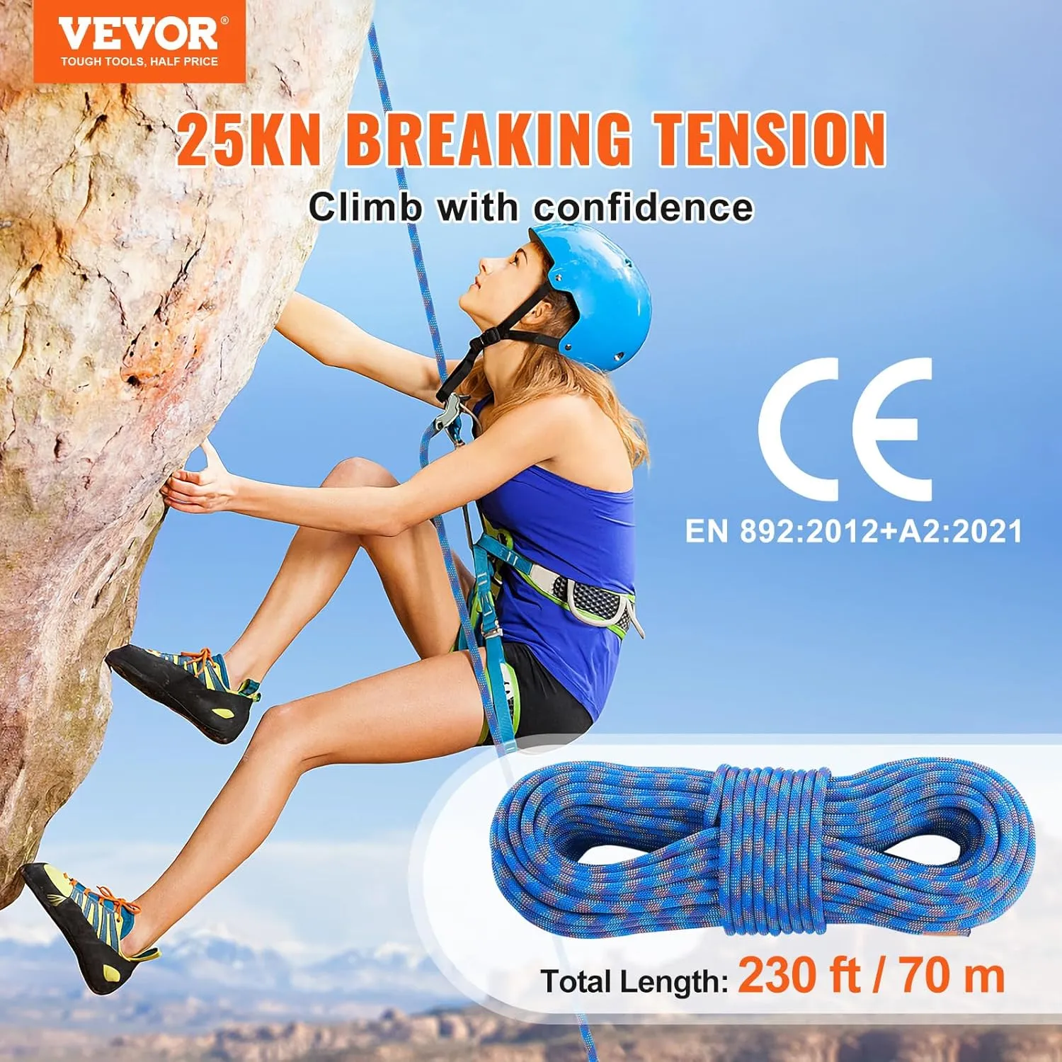 VEVOR 10.2mm Dynamic Climbing Rope, Outdoor Rock Climbing Rope 25KN Breaking Tension, Stretchable Fiber Rope with Steel Snap Hooks for Escape, Rappelling, Fire Rescue, Blue
