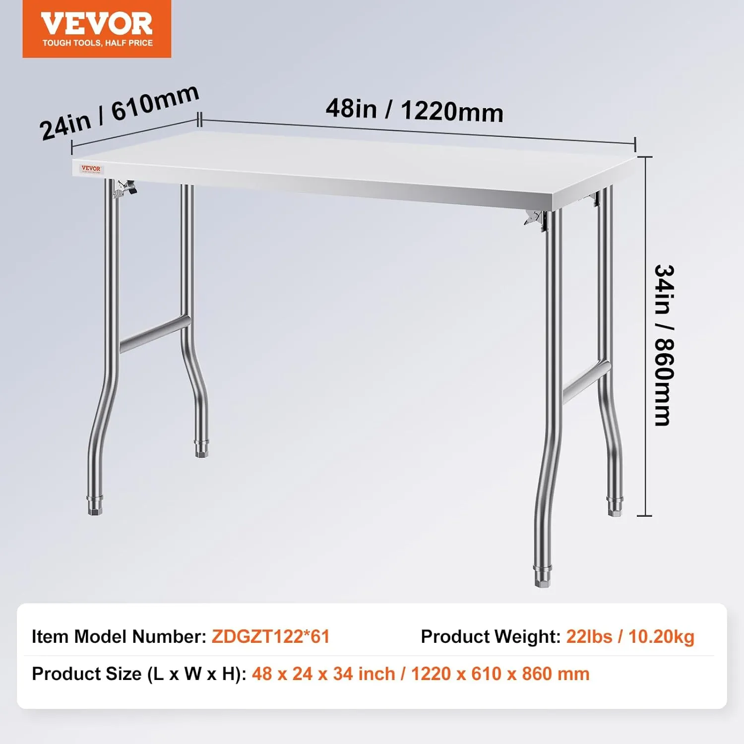 VEVOR Commercial Worktable Workstation 48 x 24 Inch Folding Commercial Prep Table, Heavy-duty Stainless Steel Folding Table with 661 lbs Load, Kitchen Work Table, Silver Stainless Steel Kitchen Island