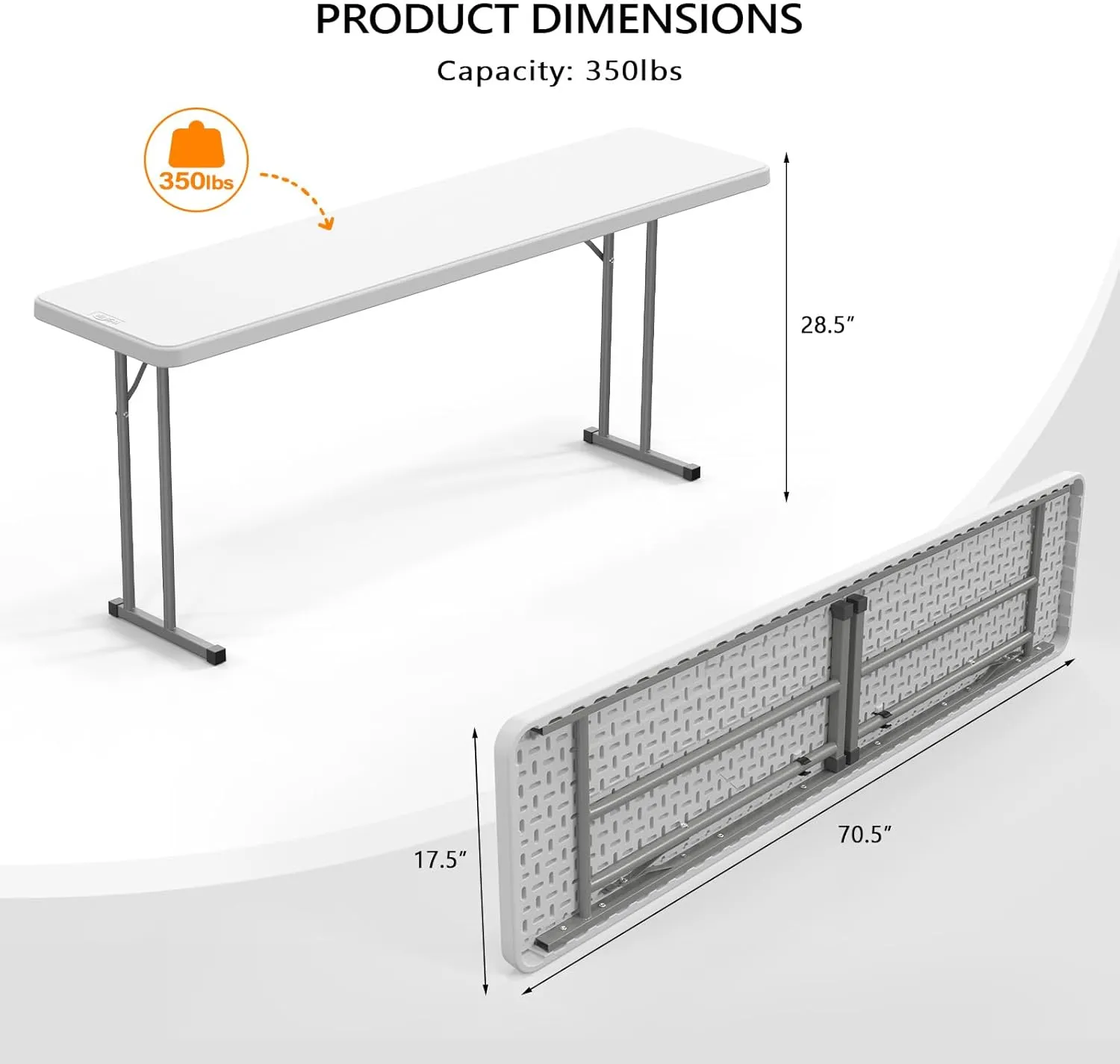 VINGLI 6 FT Narrow Folding Table,Premium Quality HDPE Material and Sturdy Metal Frame, Perfect for Buffet, Seminar, Party, Training, Home Work, White