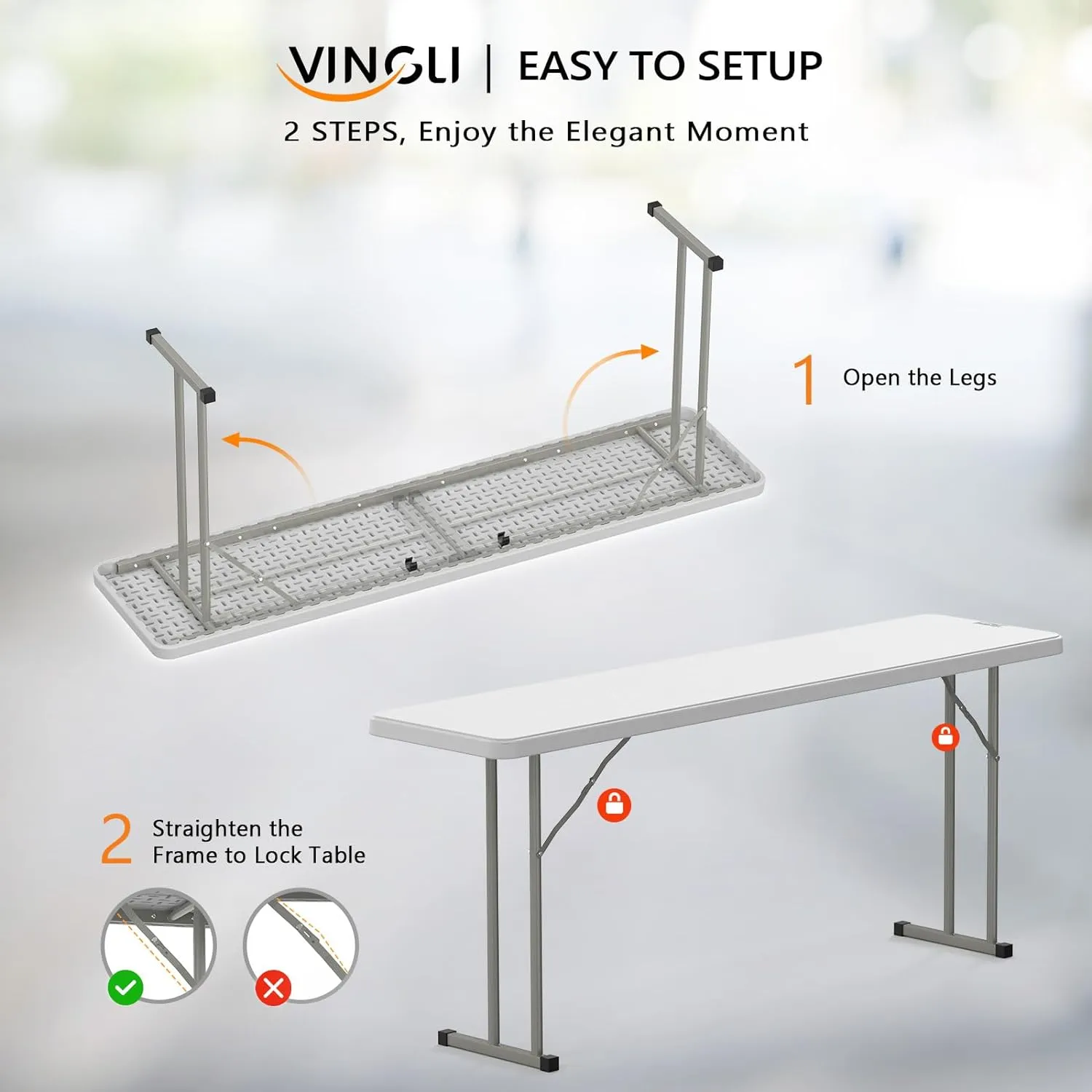VINGLI 6 FT Narrow Folding Table,Premium Quality HDPE Material and Sturdy Metal Frame, Perfect for Buffet, Seminar, Party, Training, Home Work, White