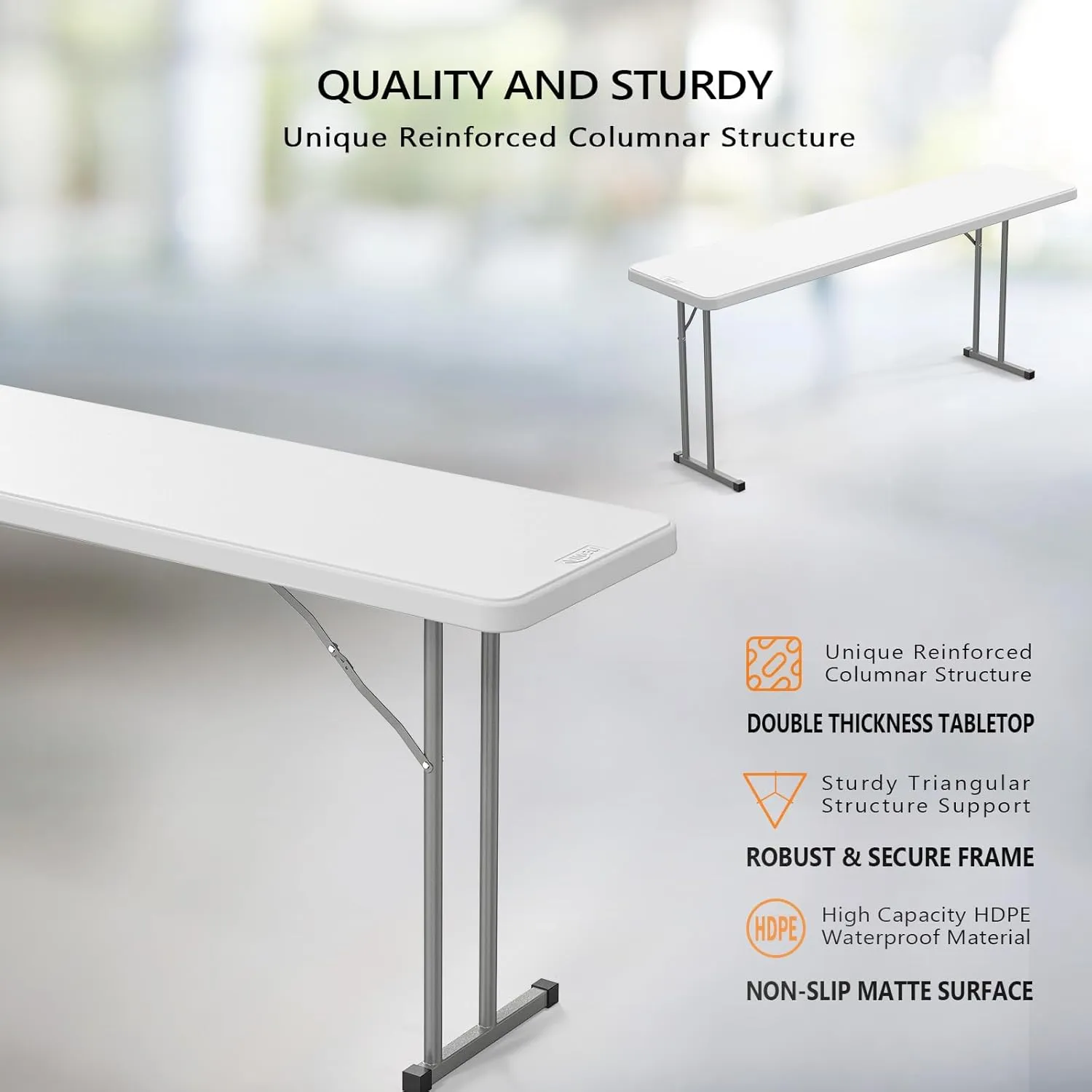VINGLI 6 FT Narrow Folding Table,Premium Quality HDPE Material and Sturdy Metal Frame, Perfect for Buffet, Seminar, Party, Training, Home Work, White