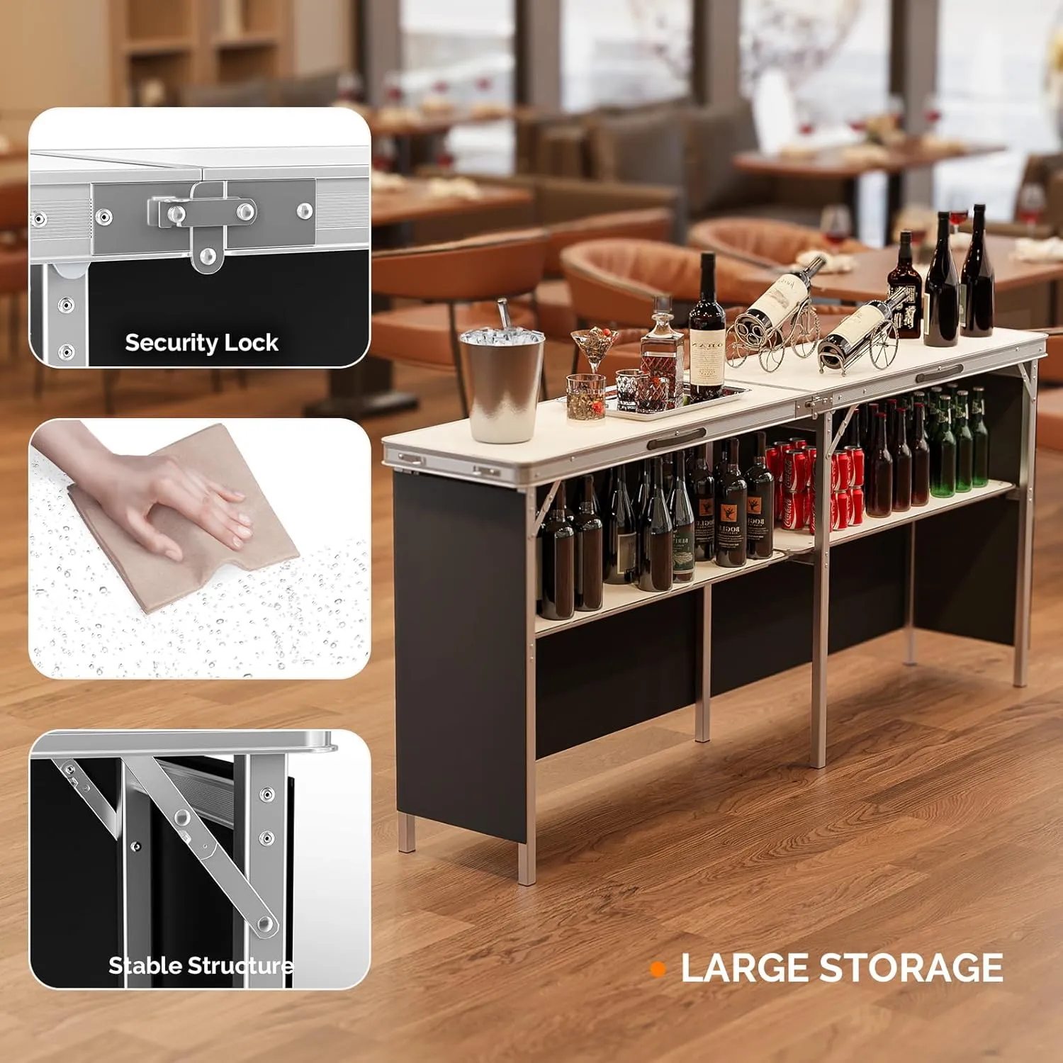 VINGLI 78" Portable Bar Table, 2-Tier Shelves, Mobile Bar Table for Events, Party, Camping, Picnic, Tradeshow, Indoor with Black Skirt