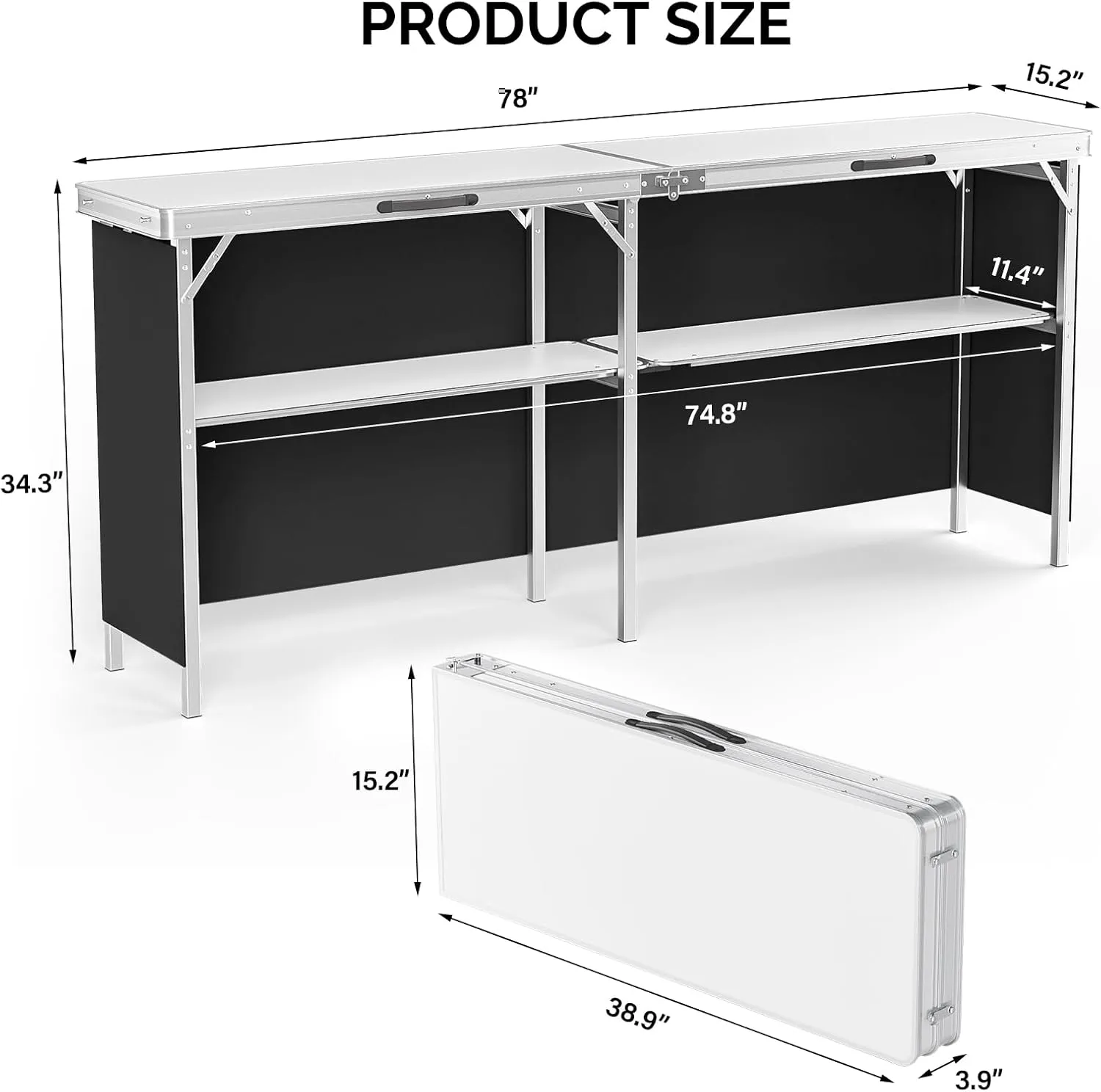VINGLI 78" Portable Bar Table, 2-Tier Shelves, Mobile Bar Table for Events, Party, Camping, Picnic, Tradeshow, Indoor with Black Skirt