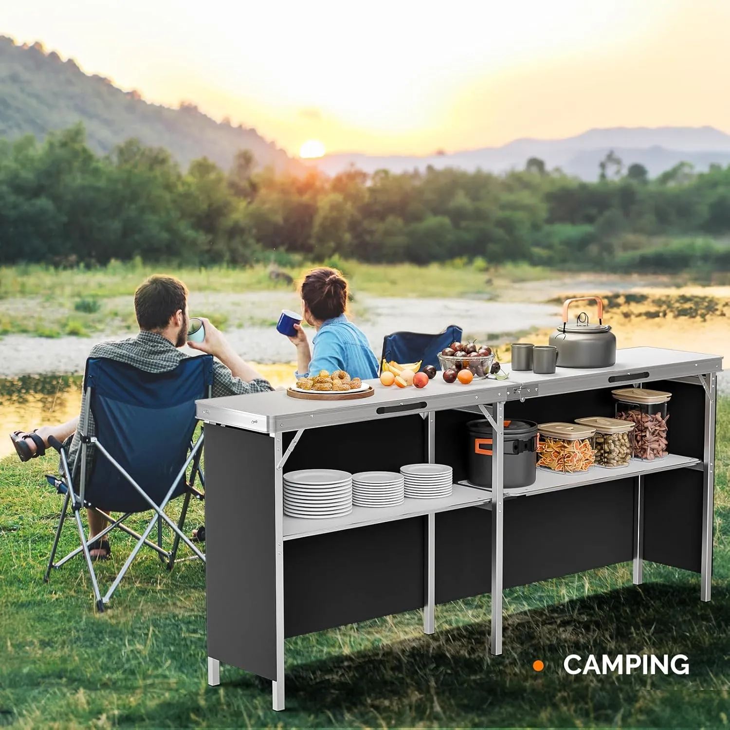 VINGLI 78" Portable Bar Table, 2-Tier Shelves, Mobile Bar Table for Events, Party, Camping, Picnic, Tradeshow, Indoor with Black Skirt