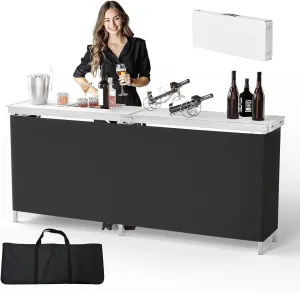 VINGLI 78" Portable Bar Table, 2-Tier Shelves, Mobile Bar Table for Events, Party, Camping, Picnic, Tradeshow, Indoor with Black Skirt