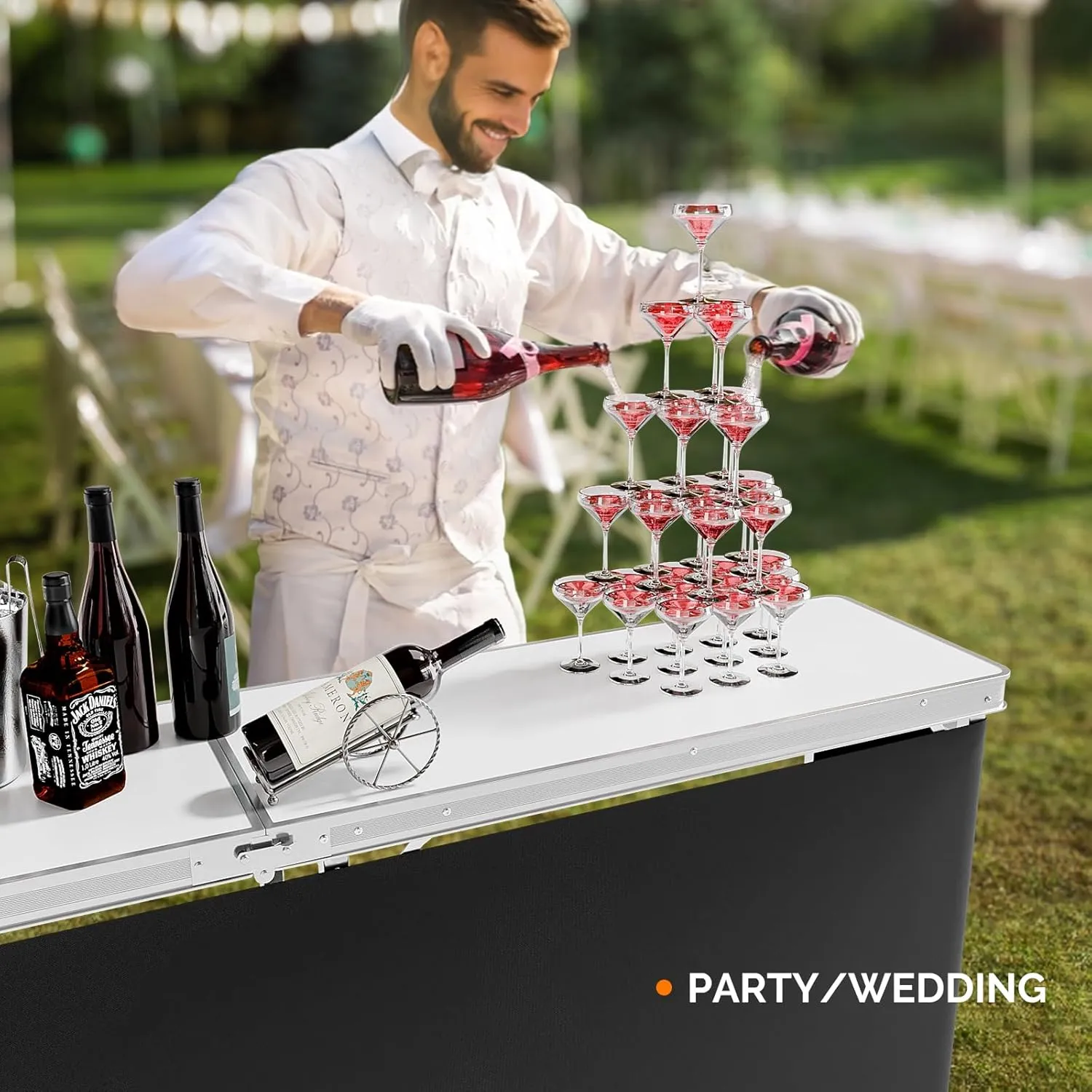 VINGLI 78" Portable Bar Table, 2-Tier Shelves, Mobile Bar Table for Events, Party, Camping, Picnic, Tradeshow, Indoor with Black Skirt
