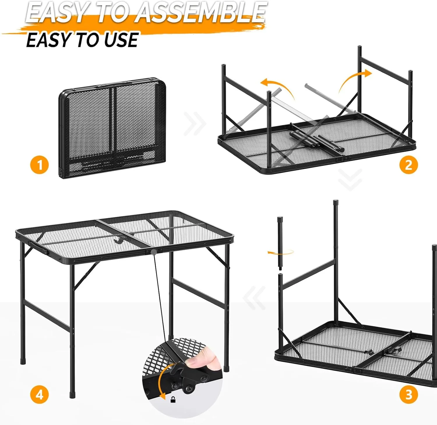 VINGLI Outdoor Grill Table, Folding Camping Table, 3 ft Portable Picnic Table Adjustable Height, Lightweight Aluminum Tables for Outside, Beach, Patio, Party, Black