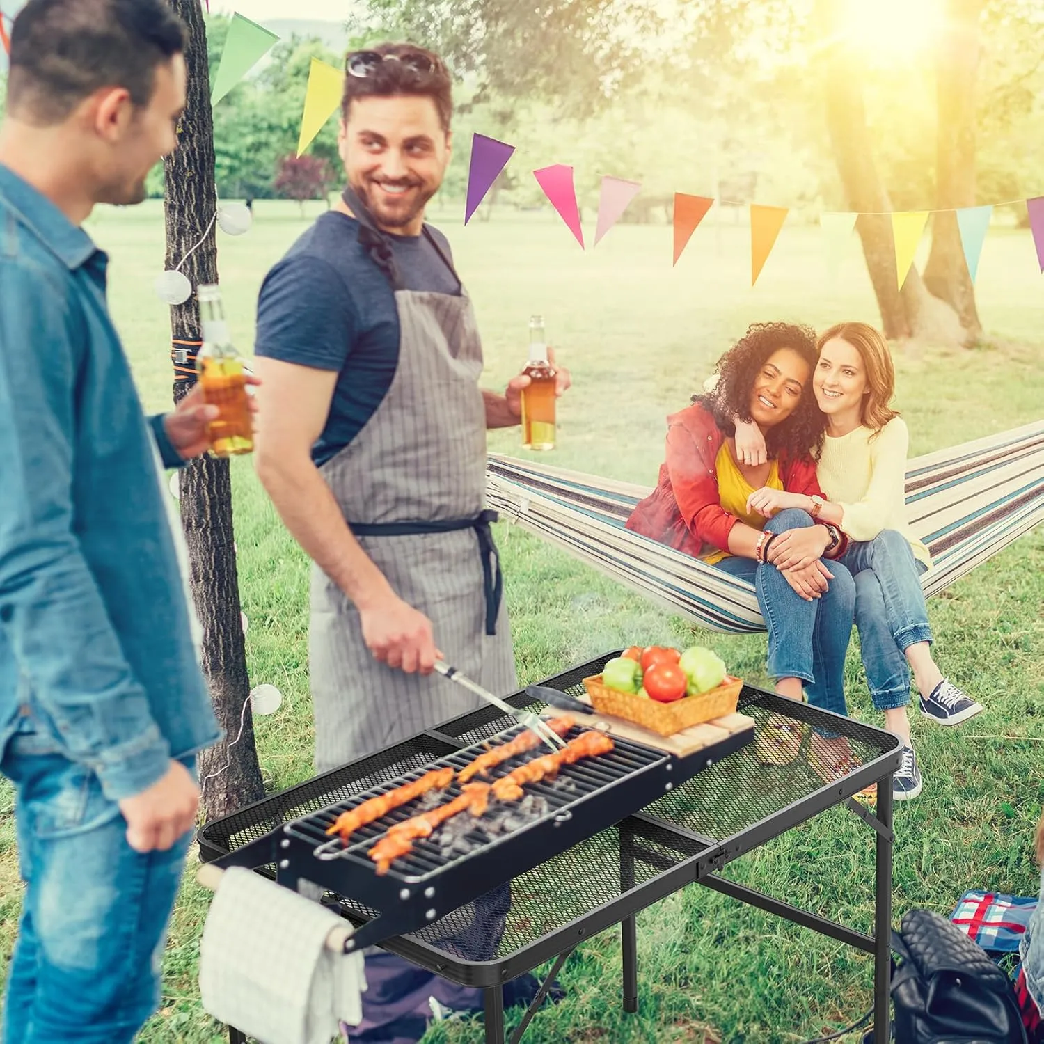 VINGLI Outdoor Grill Table, Folding Camping Table, 3 ft Portable Picnic Table Adjustable Height, Lightweight Aluminum Tables for Outside, Beach, Patio, Party, Black