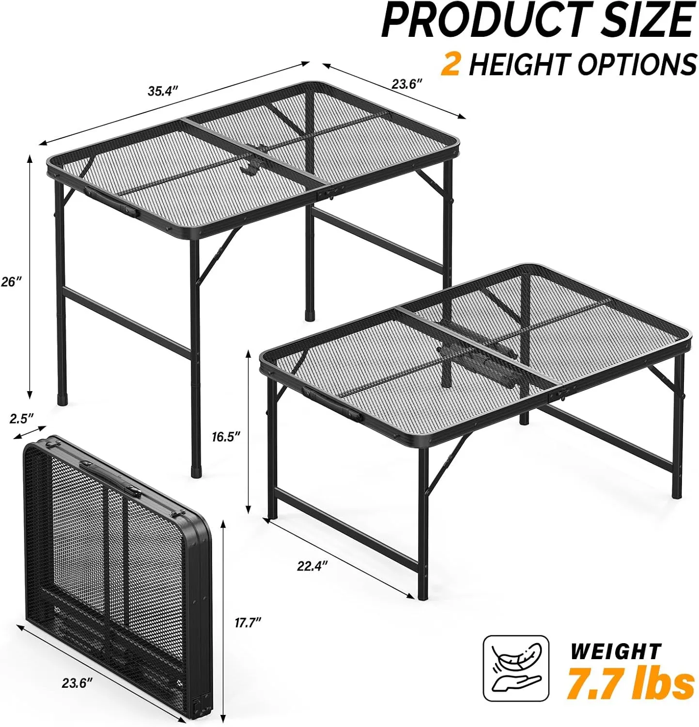 VINGLI Outdoor Grill Table, Folding Camping Table, 3 ft Portable Picnic Table Adjustable Height, Lightweight Aluminum Tables for Outside, Beach, Patio, Party, Black