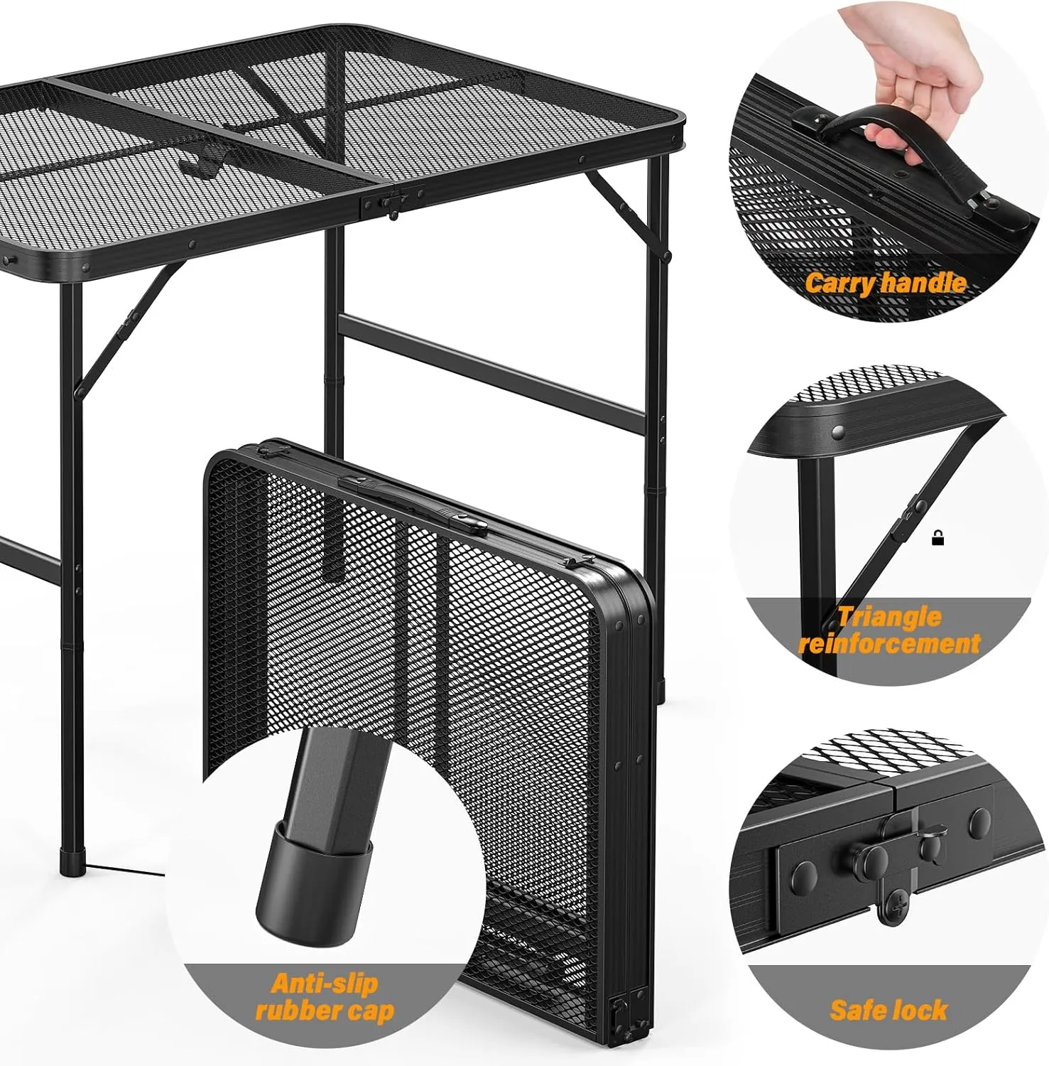 VINGLI Outdoor Grill Table, Folding Camping Table, 3 ft Portable Picnic Table Adjustable Height, Lightweight Aluminum Tables for Outside, Beach, Patio, Party, Black