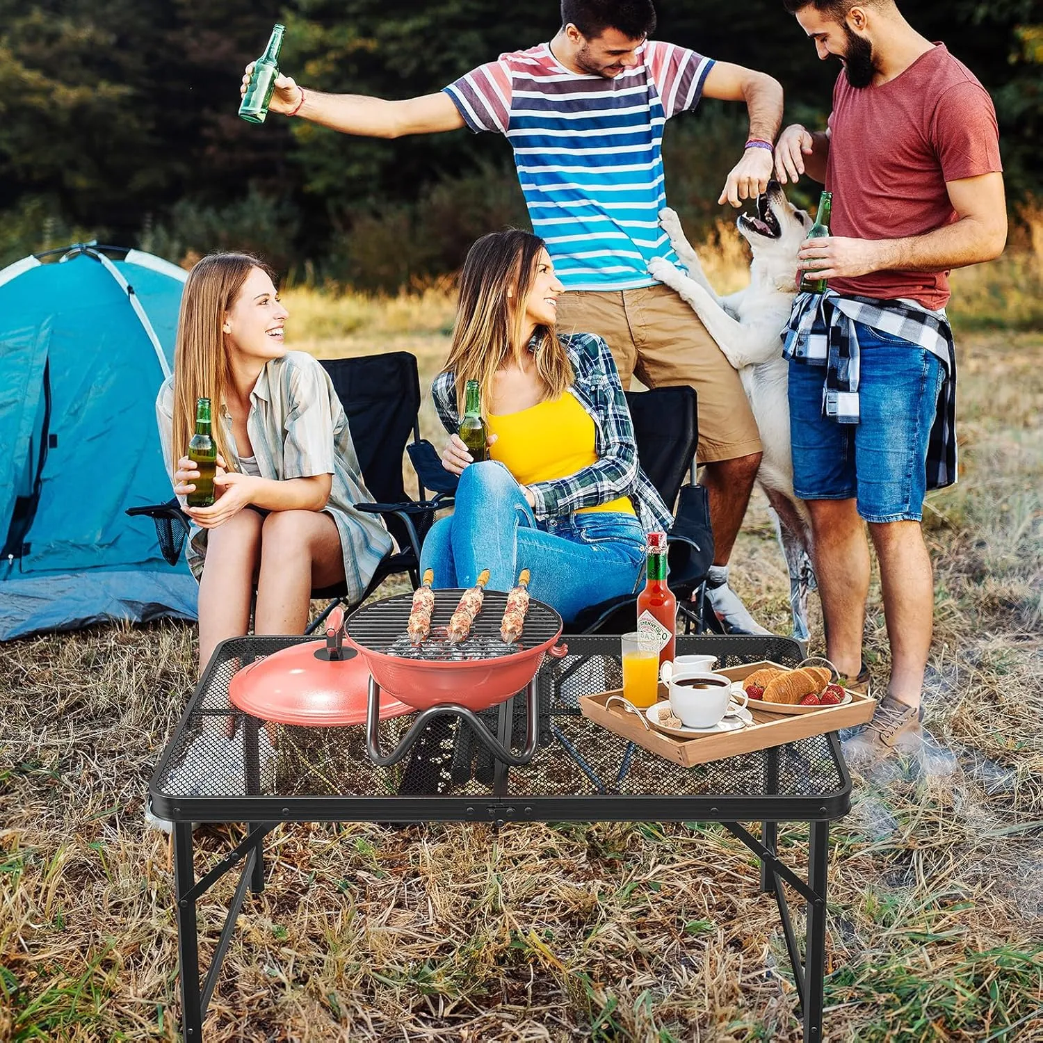 VINGLI Outdoor Grill Table, Folding Camping Table, 3 ft Portable Picnic Table Adjustable Height, Lightweight Aluminum Tables for Outside, Beach, Patio, Party, Black