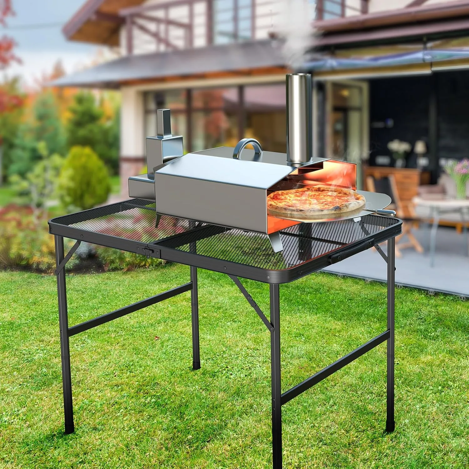 VINGLI Outdoor Grill Table, Folding Camping Table, 3 ft Portable Picnic Table Adjustable Height, Lightweight Aluminum Tables for Outside, Beach, Patio, Party, Black