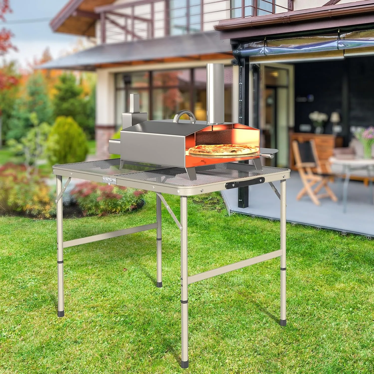 VINGLI Outdoor Grill Table, Folding Camping Table, 3 ft Portable Picnic Table Adjustable Height, Lightweight Aluminum Tables for Outside, Beach, Patio, Party, Gun