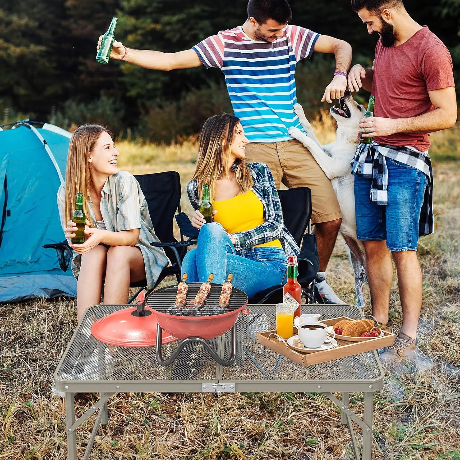 VINGLI Outdoor Grill Table, Folding Camping Table, 3 ft Portable Picnic Table Adjustable Height, Lightweight Aluminum Tables for Outside, Beach, Patio, Party, Gun