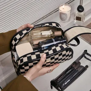Vintage Black Double Zippers Checkered Large Capacity Cosmetic Bag with Compartments Skincare Bag for Women Makeup Bag (Black)