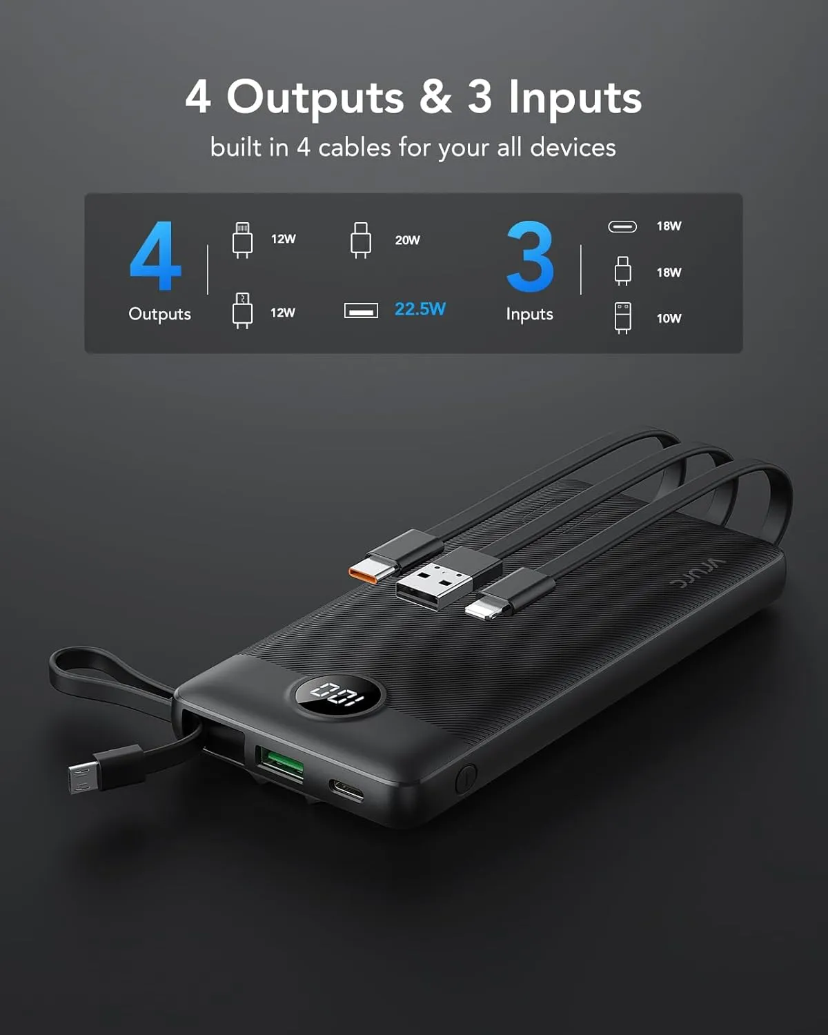 VRURC Portable Charger, 22.5W Power Bank 10000mAh, USB-C Cable in & Out Fast Charging Battery Pack, Compact Travel Essential 4 Outputs 3 Inputs for iPhone 16 15 14 13,Samsung, Android etc-Black